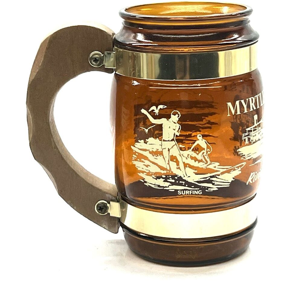 Vtg Myrtle Beach Souvenir-12oz Brown Beer Mug/ Stein- Barrel w/ Wooden Handle